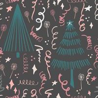 Christmas background party celebration vector seamless pattern stylized Christmas trees with candy gifts and sparklers. Wallpaper for wrapping paper, invitations, paper and cards, website backgrounds.