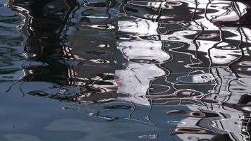 Abstract reflections of a yacht in water surface in two time slow motion