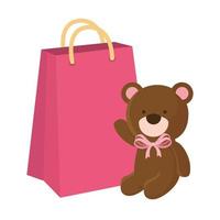 Lindo oso de peluche con bolsa icono aislado de compras vector