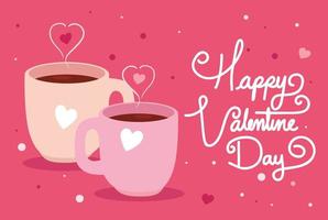 happy valentines day card with cups coffee and hearts vector