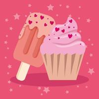ice cream in stick with cupcake vector