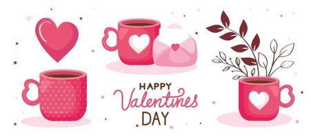 happy valentines day card with cups coffee and decoration vector