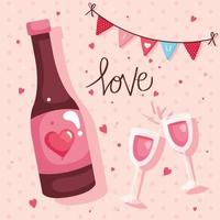 happy valentines day card with bottle wine and decoration vector