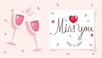 happy valentines day card with cups wine and decoration vector