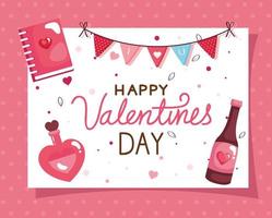 tarjeta de feliz día de san valentín con botella de vino y decoración vector