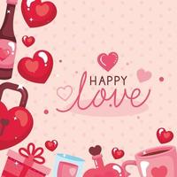 feliz dia de san valentin tarjeta con decoracion de iconos vector