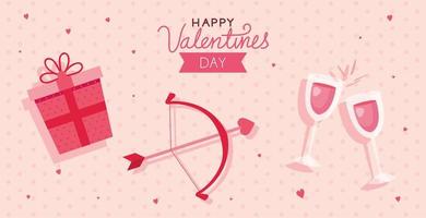 feliz dia de san valentin tarjeta con arco cupido y decoracion vector