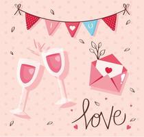 happy valentines day card with cups wine and decoration vector