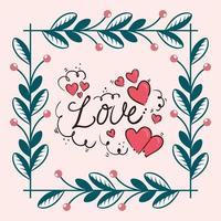 Tarjeta del día de San Valentín con letras de amor y decoración. vector