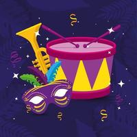 máscara de mardi gras, trompeta y tambor, vector, diseño vector