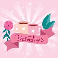 valentines day card with cups coffee and ribbon vector