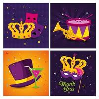 máscaras de mardi gras corona tambor trompeta y sombrero diseño vectorial vector