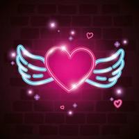 heart with wings in neon light, valentines day vector