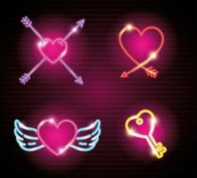 set of valentine icons in neon light vector