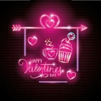 feliz día de san valentín etiqueta en luz de neón, iconos día de san valentín vector