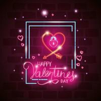 happy valentines day label in neon light, icons valentine day vector