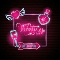 happy valentines day label in neon light, icons valentine day vector