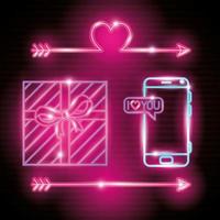 set of valentine icons in neon light vector