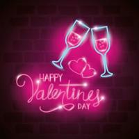 happy valentines day label in neon light, icons valentine day vector