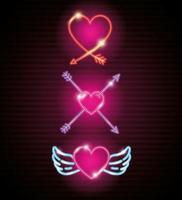 set of valentine icons in neon light vector