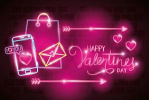 happy valentines day label in neon light, icons valentine day vector