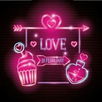 set of valentine icons in neon light vector