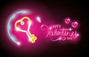 happy valentines day label in neon light, icons valentine day vector