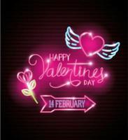 happy valentines day label in neon light, icons valentine day vector
