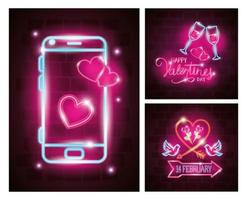 cards of valentine in neon light, valentines day vector