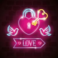 set of valentine icons in neon light vector