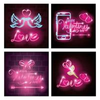 cards of valentine in neon light, valentines day vector