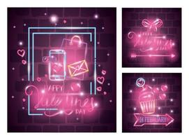 cards of valentine in neon light, valentines day vector