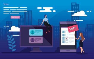 poster of vote with business women in cityscape vector