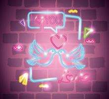 set of valentine icons in neon light vector