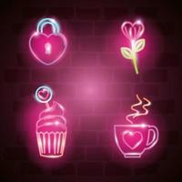 set of valentine icons in neon light vector