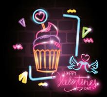 happy valentines day label in neon light, icons valentine day vector