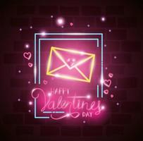 happy valentines day label in neon light, icons valentine day vector