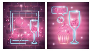 cards of valentine in neon light, valentines day vector