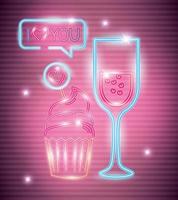 set of valentine icons in neon light vector