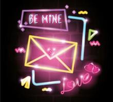 set of valentine icons in neon light vector