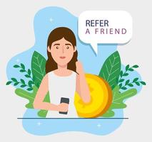 refer a friend with young woman and coin vector