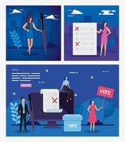 Establecer cartel de votación con gente de negocios e iconos. vector