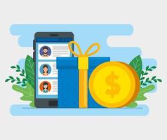 gift box with smartphone and coin isolated icon vector