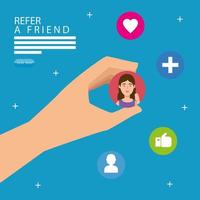 refer a friend with hand and social media icons vector