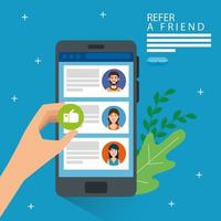 refer a friend and smartphone with chat vector