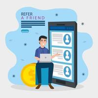 refer a friend with man and smartphone vector