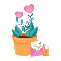 flowers in shape heart in pot plant with envelope and padlock vector