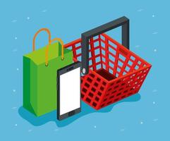 basket with bag shopping and smartphone vector