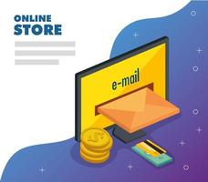 tienda online con computadora e iconos vector