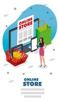 tienda online con mujer e iconos vector